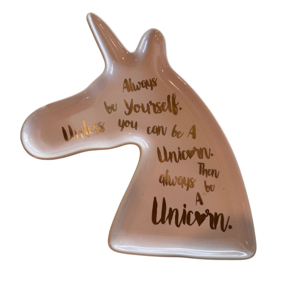 Pink‎ Ceramic Unicorn Trinket Dish Gold Inspirational Quote Jewelry Tray